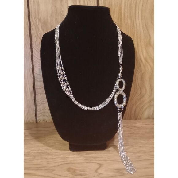 Multi Strand Circular Chain Tassel Pendant Silver Tone 24" Chain Necklace - Picture 1 of 6